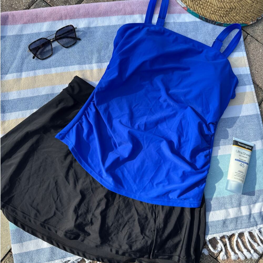 Women’s Blue Tankini Top Black Swim Skirt Set L Modest Swimwear Stretch